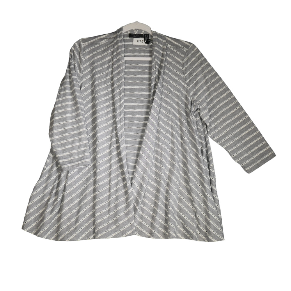 Susan Graver Cardigan Women Large Gray White Stripe Open Knit Lightweight